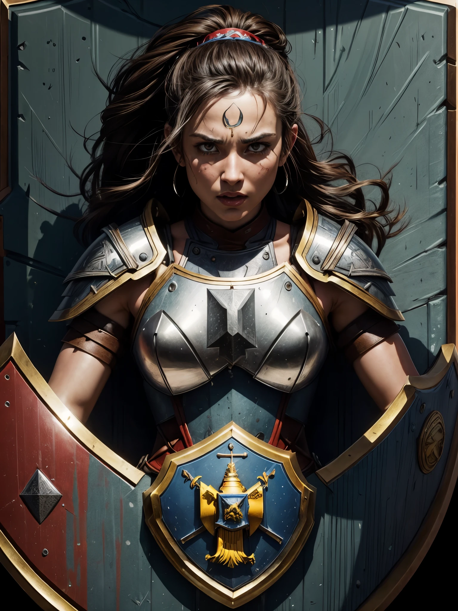 best quality,ultra-detailed,professional,portrait,(female warrior),(detailed armor),sharp focus,(intense expression),vivid colors,(dramatic lighting),(battlefield background),(strong and powerful),(((a gorgeously decorated shield))),physically-based rendering