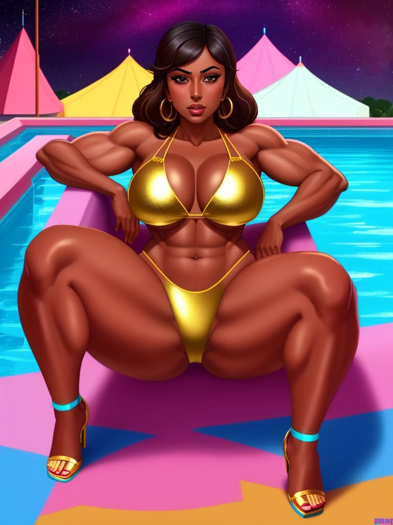 solo, indian ifbb bimbo, priyanka maheswaran, (shiny gold bikini), dark skinned, thick lips, night, pool, crystal heels