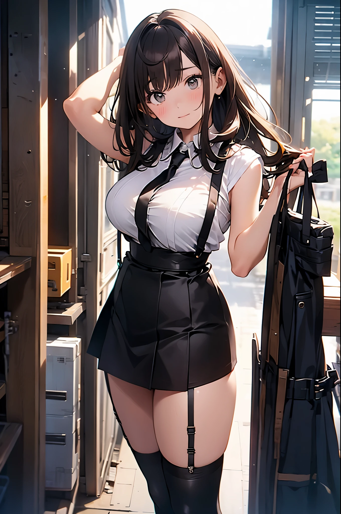 brown hair、looking at the viewer　　suspenders　　　Bulging big breasts　　 　 　　　　Black miniskirt　garter belt　knee high socks　　　　　　Gaze　　　small face　bangs 　　　　　Beauty　　hands up　　 　Gaze 　black boots 　provocation　　armpit sweat　one person 　　put your hands behind your back　cutter shirt　　Panty shot