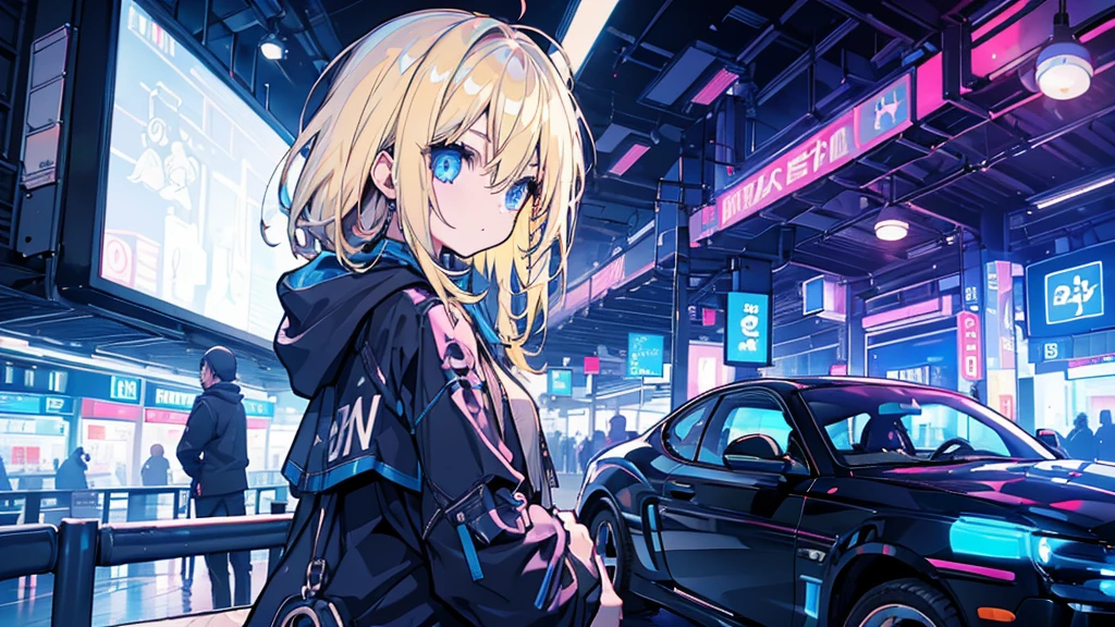 (1 girl, blonde hair, blue eyes, black hoodie, kawaii), (sports car), (blue cyberpunk, night city, blue neon)