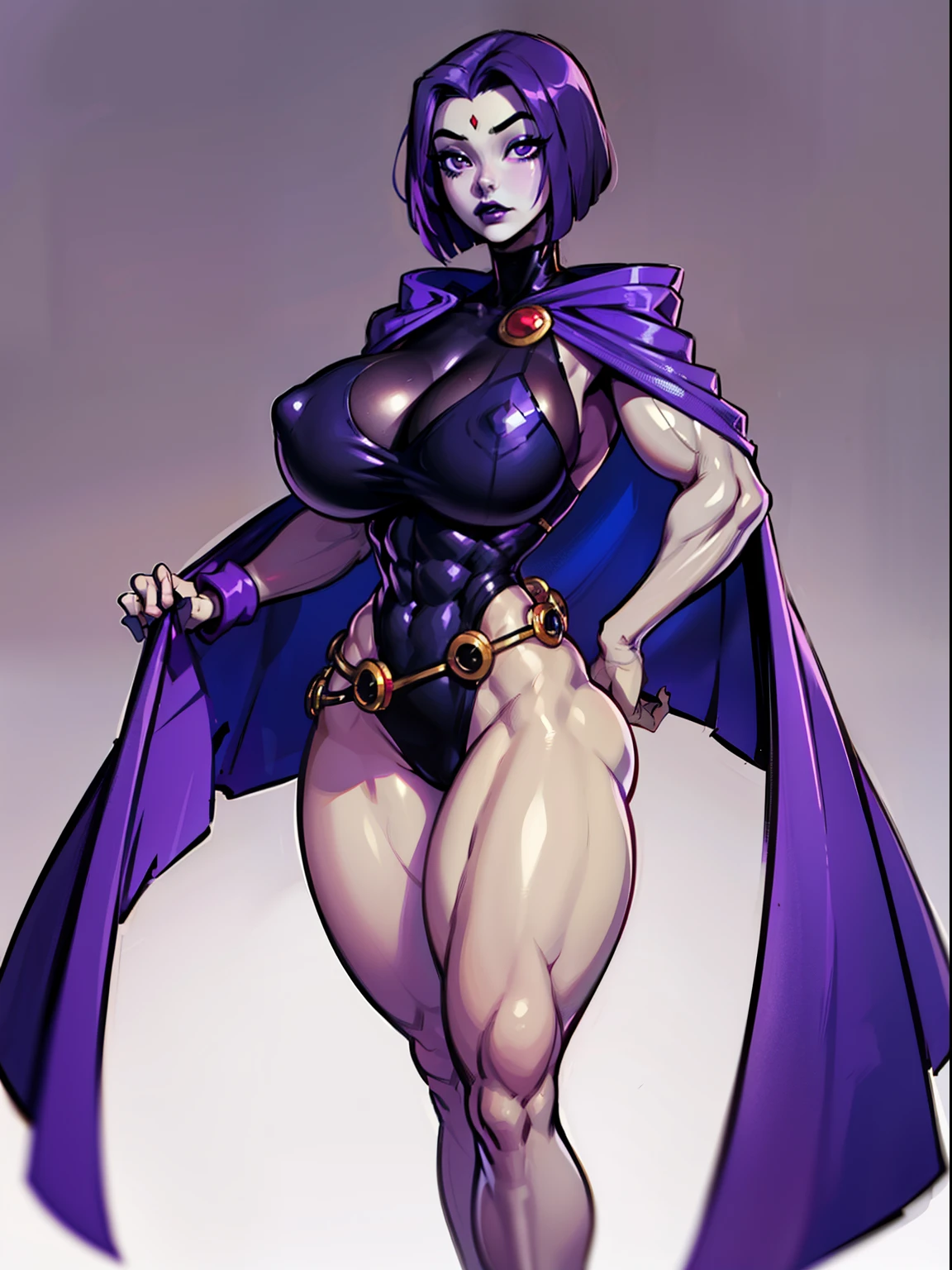 1girl,solo,RavenTT, dynamic post ,navy-blue cloak, (gigantic breasts:1.2), brooch, leotard, belt,short hair,purple hair, ((muscular legs)), purple eyes,black lipstick,grey skin,curvy,wide hips, Thepit style