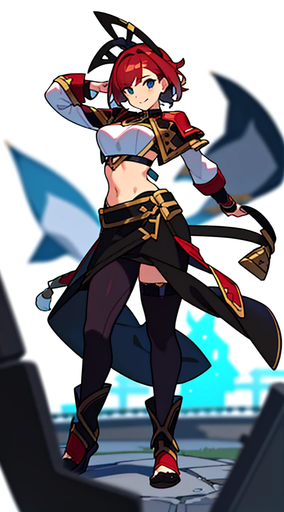 solo female, midriff, (((blurry background))), (((white background))), character focus, fantasy clothes, standing, groves, character design,