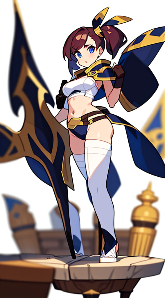 solo female, midriff, (((blurry background))), (((white background))), character focus, fantasy clothes, standing, groves, character design,