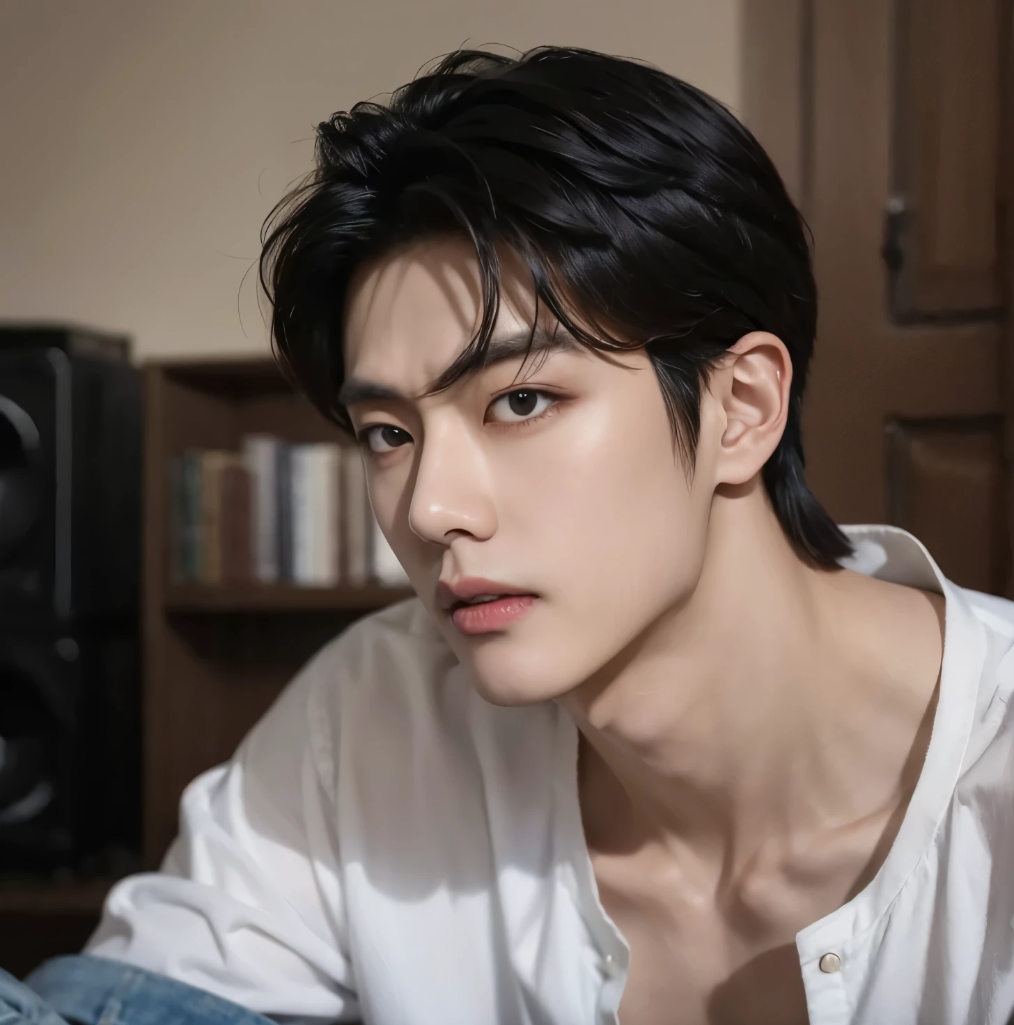 Asian man Taehyung with white shirt and jeans, inspirado em Kim Taehyung, Taehyung Bts, pintar ulzzang, Kim Taehyung, homem sul-coreano, Taehyung, artista coreano, um homem bonito,cabelo curto preto, Kim Taehyung, 1 de 7 anos, rosto magro, delicate androgynous prince, inspirado em Kim Taehyung