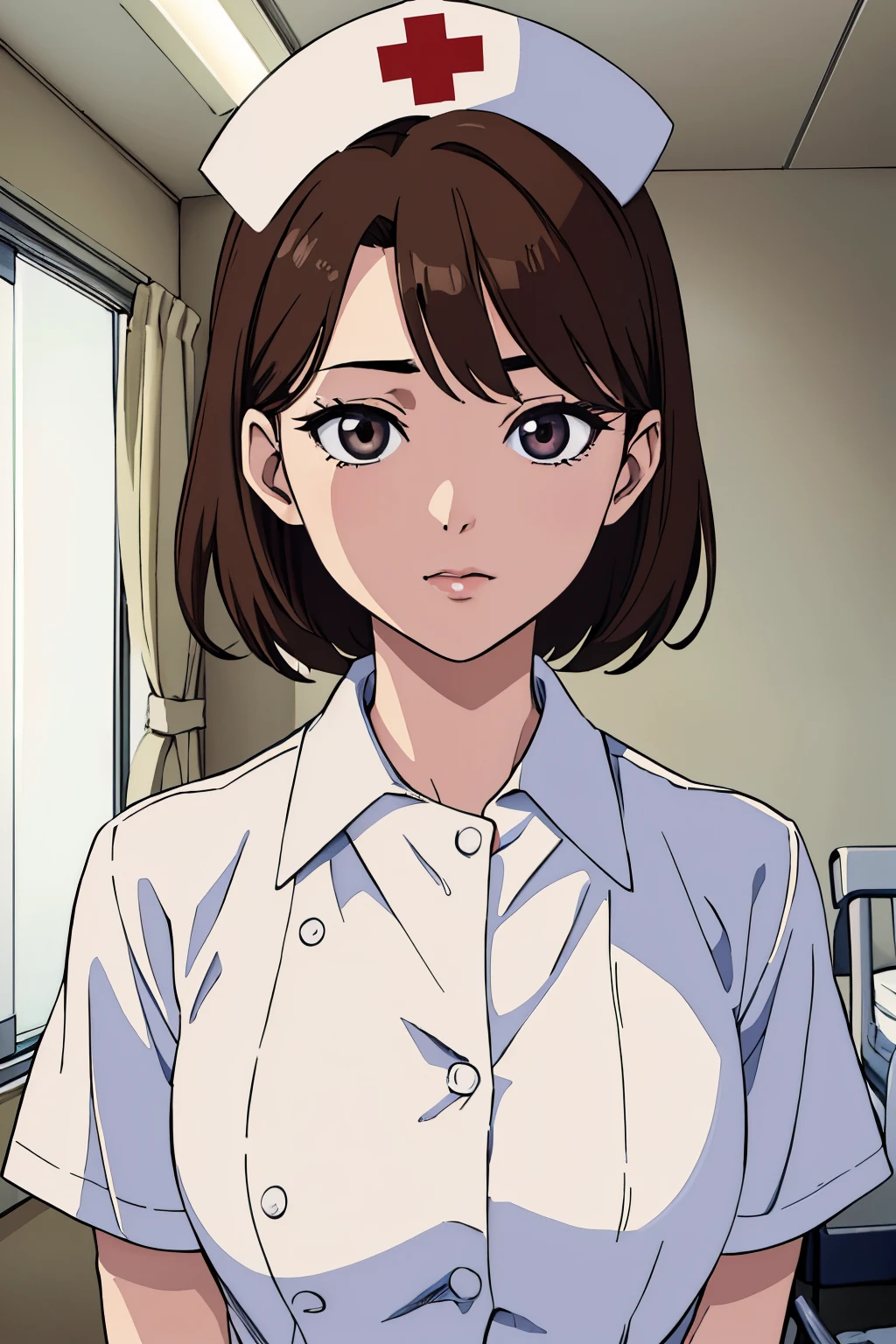 (Best quality, 8k, 32k, Masterpiece, UHD:1.2),Photo of Pretty Japanese woman, 1girl, (medium-short dark brown hair), (large breasts), double eyelid, White nurse uniform, small white nurse (cap), white shirt, open shirt, hospital, patient's room, upper body, sexy