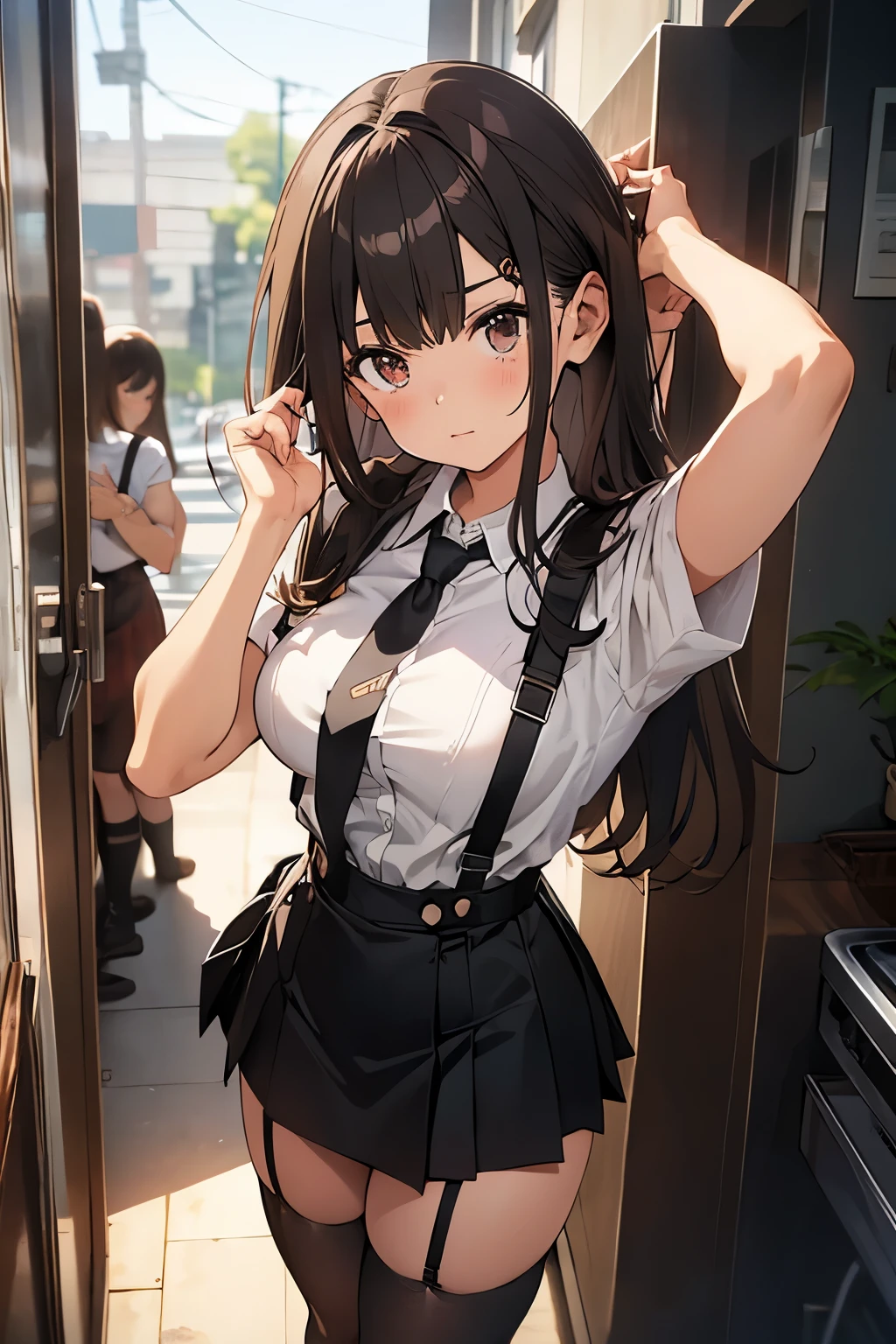 brown hair、looking at the viewer　　suspenders　　　Bulging big breasts　　 　 　　　　Black miniskirt　garter belt　knee high socks　　　　　　Gaze　　　small face　bangs 　　　　　Beauty　　hands up　　 　Gaze 　black boots 　provocation　　armpit sweat　one person 　　put your hands behind your back　cutter shirt　　Panty shot