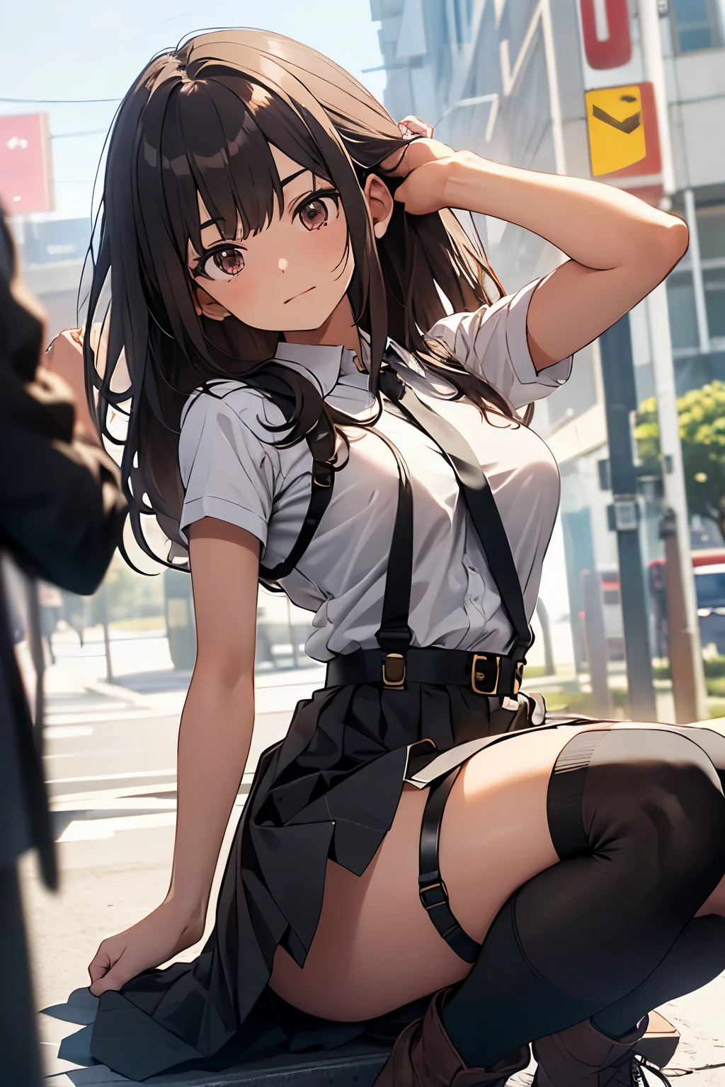 brown hair、looking at the viewer　　suspenders　　　Bulging 　　 　 　　　　Black 　garter belt　knee high socks　　　　　　Gaze　　　small face　bangs 　　　　　Beauty　　hands up　　 　Gaze 　black boots 　provocation　　armpit sweat　one person 　　put your hands behind your back　cutter shirt　　 shot