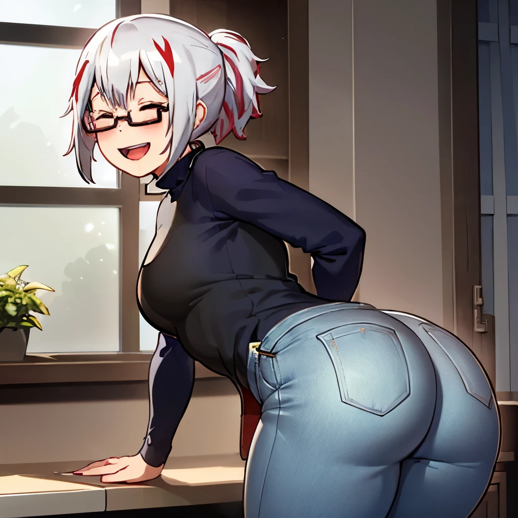 fuyumi todoroki, 1girl, solo, breasts, blush, smile, short hair, open mouth, bangs, long sleeves, medium breasts, standing, closed eyes, ponytail, white hair, :d, red hair, multicolored hair, glasses, teeth, pants, indoors, apron, two-tone hair, sweater, streaked hair, window, leaning forward, turtleneck, upper teeth only, arms behind back, blue shirt, denim, facing viewer, semi-rimless eyewear, lens flare  (POV:someone watching her ass),ass,ass,ass,ass,