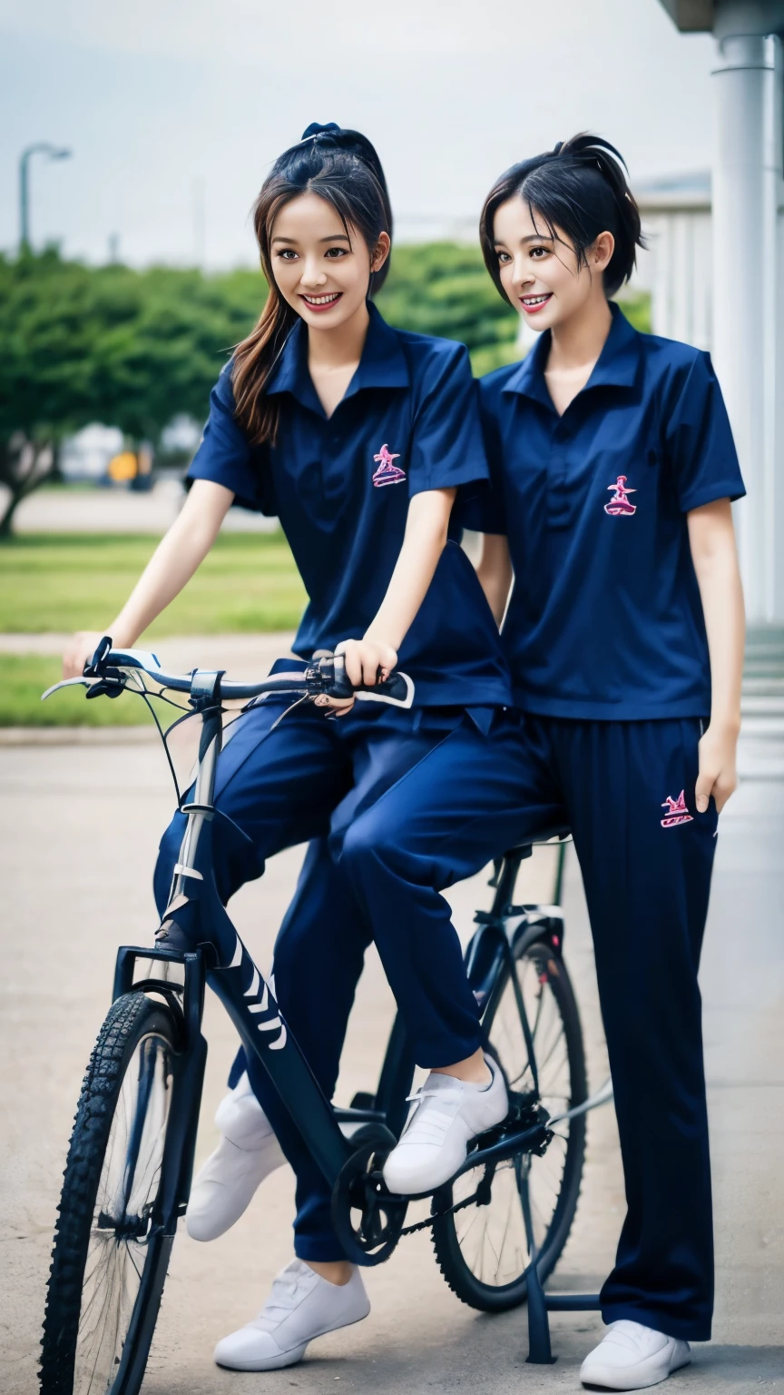 2 girls riding bicycles, Navy blue short-sleeved shirt,Navy Long Trackpant,Sweatpants, Sweatpantsขายาว,25 year old girl, lesbian, sexy, exercise clothes