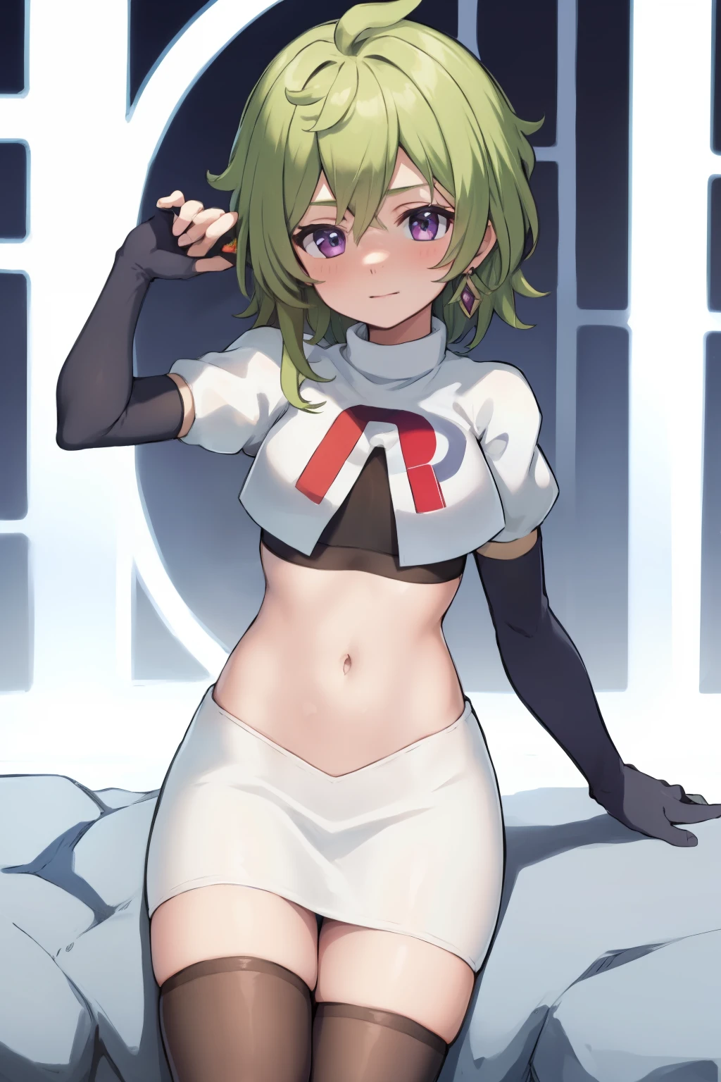 colleidef, blush, outdoors, short hair, team rocket,team rocket uniform,white skirt,crop top,black thigh-highs,black elbow gloves