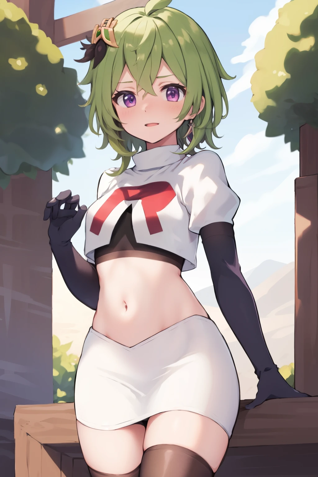 colleidef, blush, outdoors, short hair, team rocket,team rocket uniform,white skirt,crop top,black thigh-highs,black elbow gloves