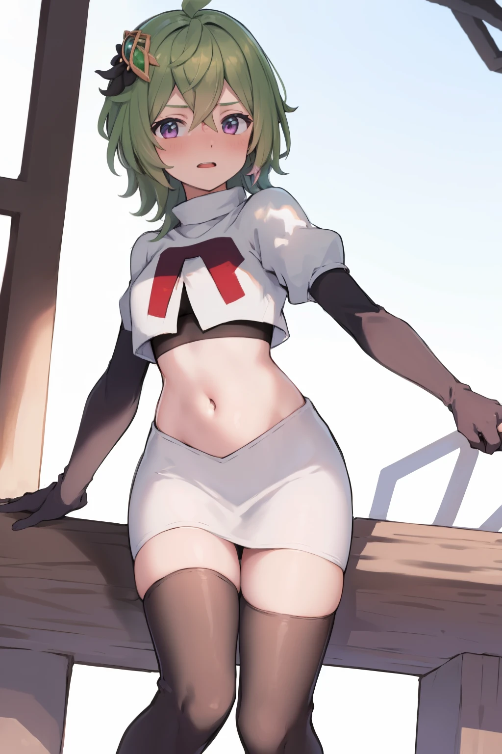colleidef, blush, outdoors, short hair, team rocket,team rocket uniform,white skirt,crop top,black thigh-highs,black elbow gloves