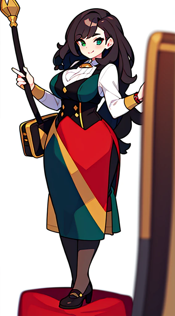 solo woman, (((blurry background))), (((white background))), character focus, standing, full body, clerk, salesperson, Earth Tones Color outfit, dirndl, bustier, librarian,