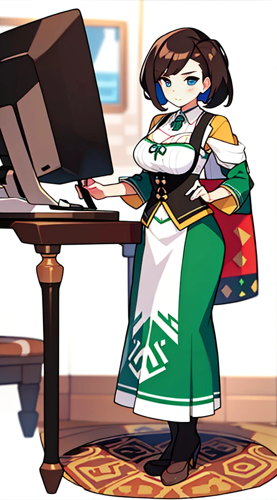 solo woman, (((blurry background))), (((white background))), character focus, standing, full body, clerk, salesperson, Earth Tones Color outfit, dirndl, bustier, librarian,