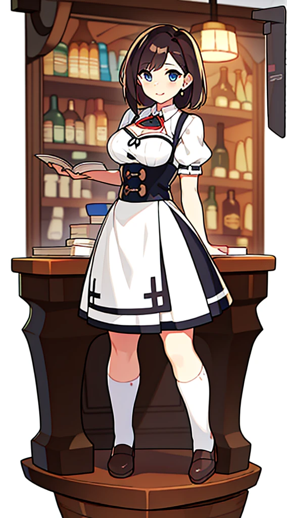 solo woman, (((blurry background))), (((white background))), character focus, standing, full body, clerk, salesperson, Earth Tones Color outfit, dirndl, bustier, librarian,