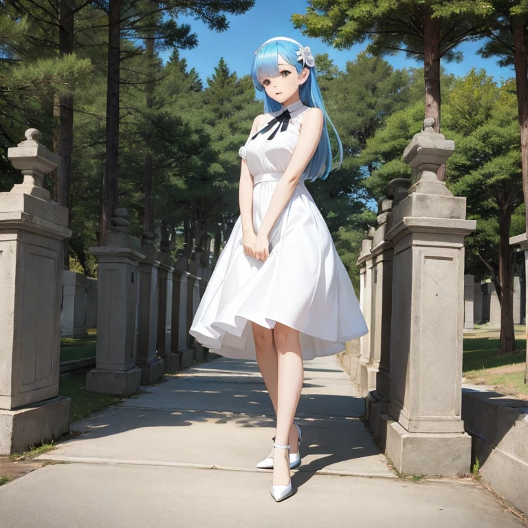 Rem (anime Re:Zero), wearing a long white dress next to a tomb where Emília is clearly written, olhar de felicidade, felicidade, dia de Sol, pouco vento, roupas sopradas pelo vento