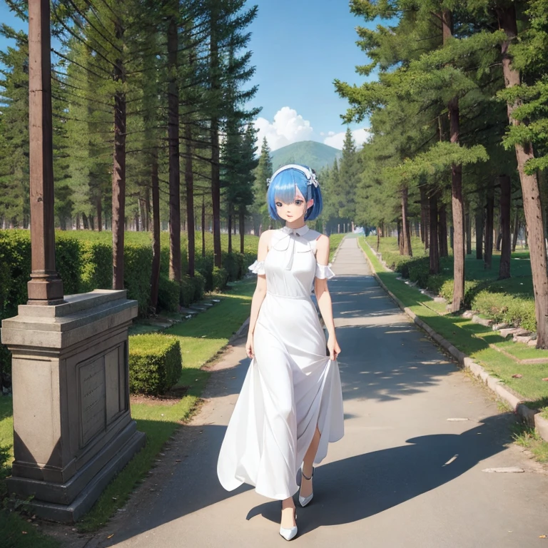 Rem (anime Re:Zero), wearing a long white dress next to a tomb where Emília is clearly written, olhar de felicidade, felicidade, dia de Sol, pouco vento, roupas sopradas pelo vento