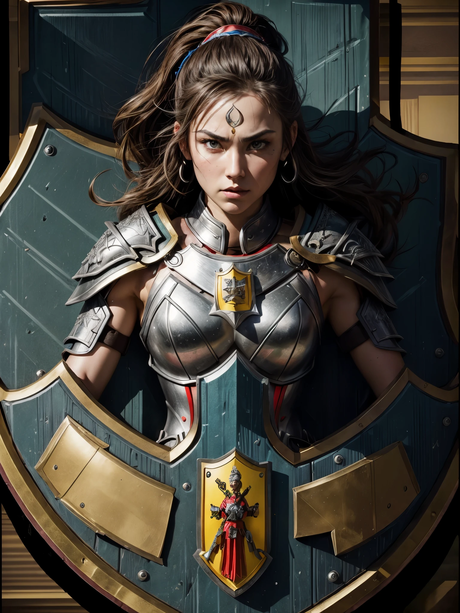 best quality,ultra-detailed,professional,portrait,(female warrior),(detailed armor),sharp focus,(intense expression),vivid colors,(dramatic lighting),(battlefield background),(strong and powerful),(((a gorgeously decorated shield))),physically-based rendering