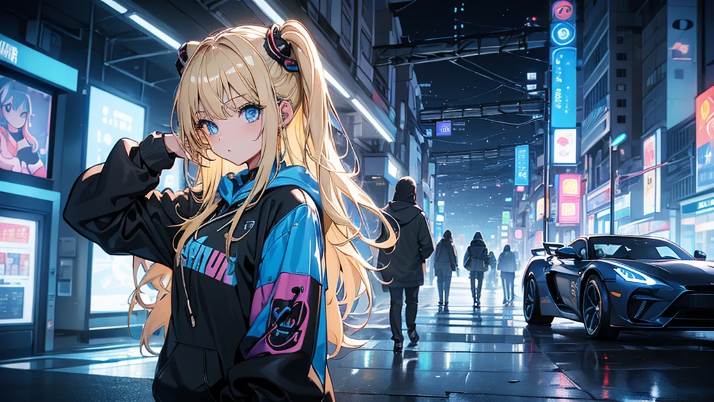 (1 girl, blonde hair, blue eyes, black hoodie, kawaii), (sports car), (blue cyberpunk, night city, blue neon)