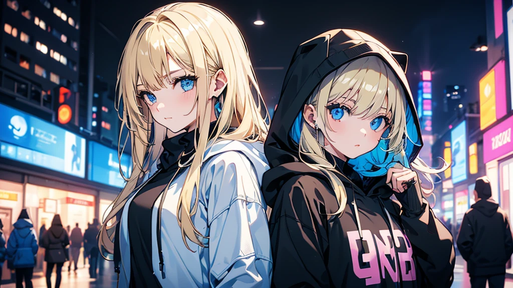 (1 girl, blonde hair, blue eyes, black hoodie, kawaii), (sports car), (blue cyberpunk, night city, blue neon)