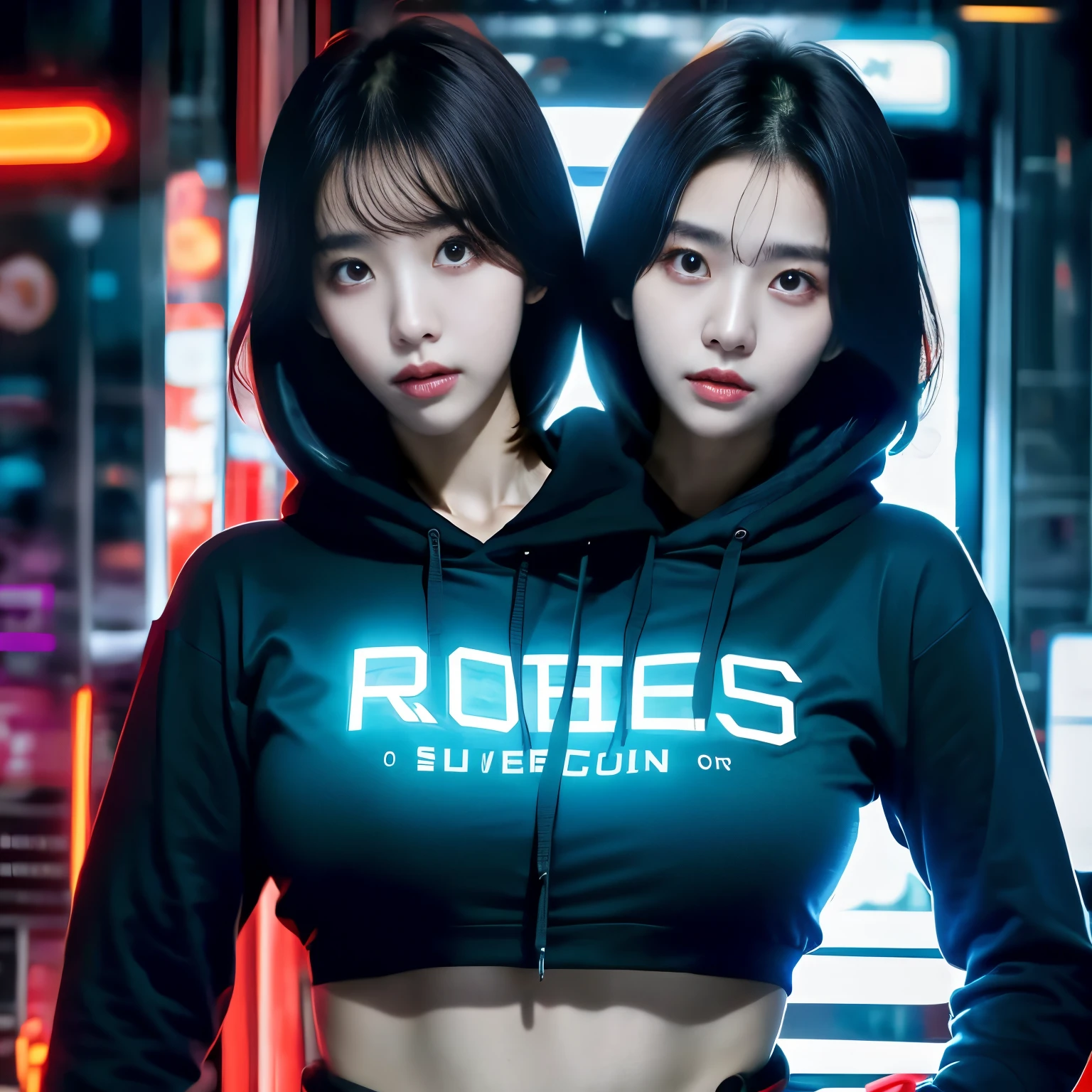 best resolution, half-body shot 2 heads, woman with two heads,korean, robot body, hoodie, futuristic mechanical, cyberpunk background
