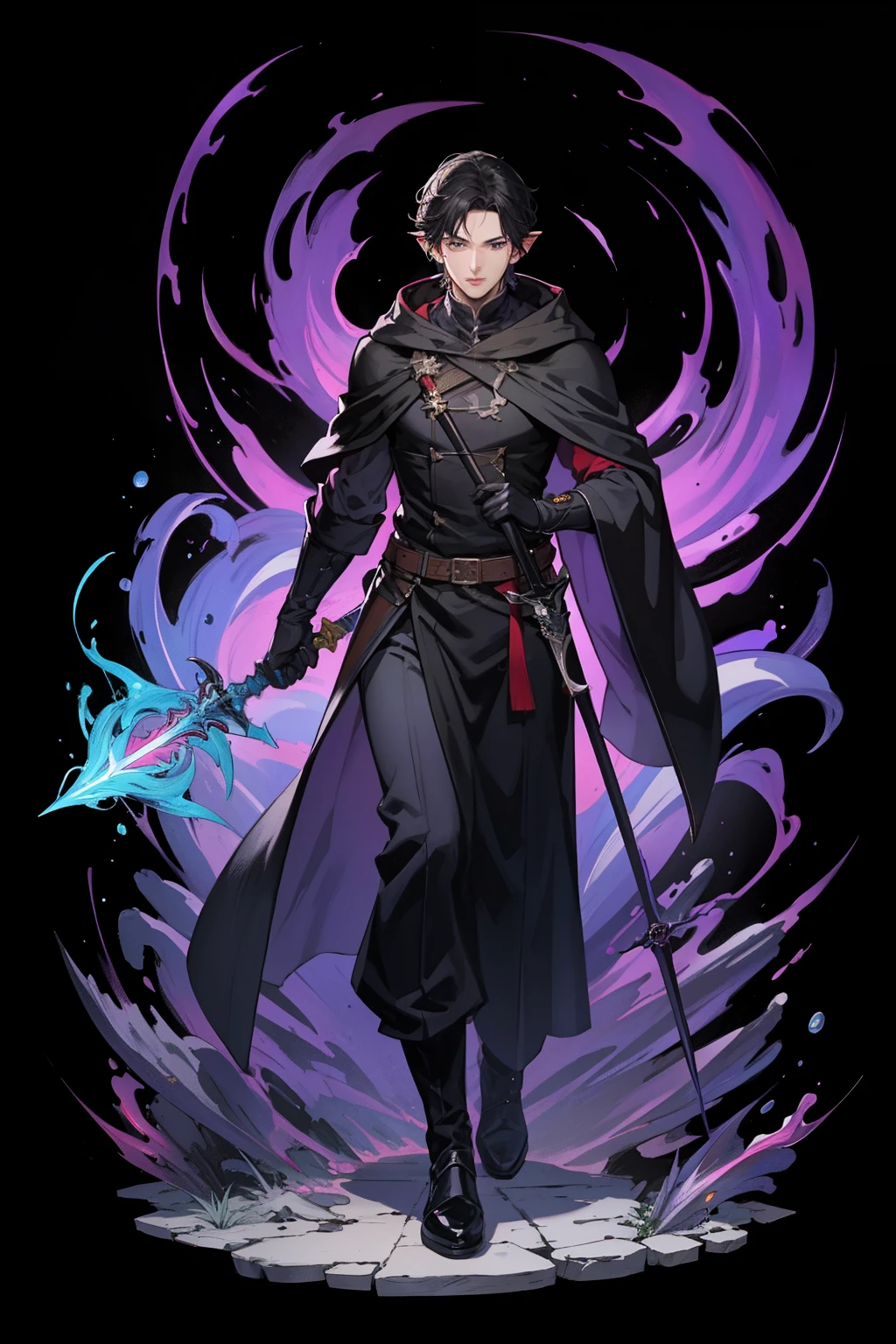full body shot of a dark scene, masterpiece, best quality, handsome male thief assassin rogue, short dark black hair, blue eyes, wearing mage cloak hooded, pointed ears, dark shadow magic with purple flames, with rapier on his hand, 4k