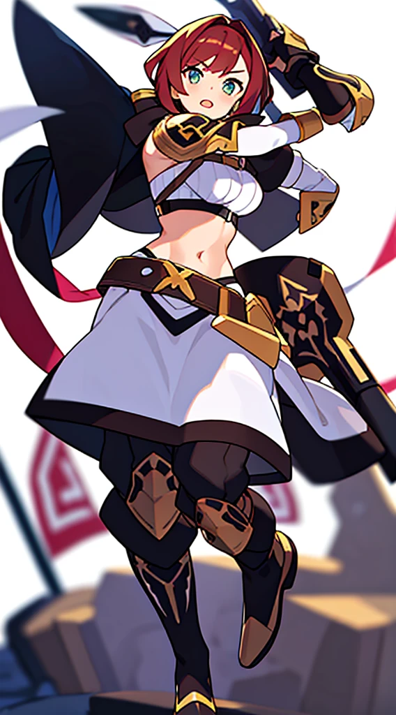 solo female, midriff, (((blurry background))), (((white background))), character focus, fantasy clothes, standing, gauntlets, character design,