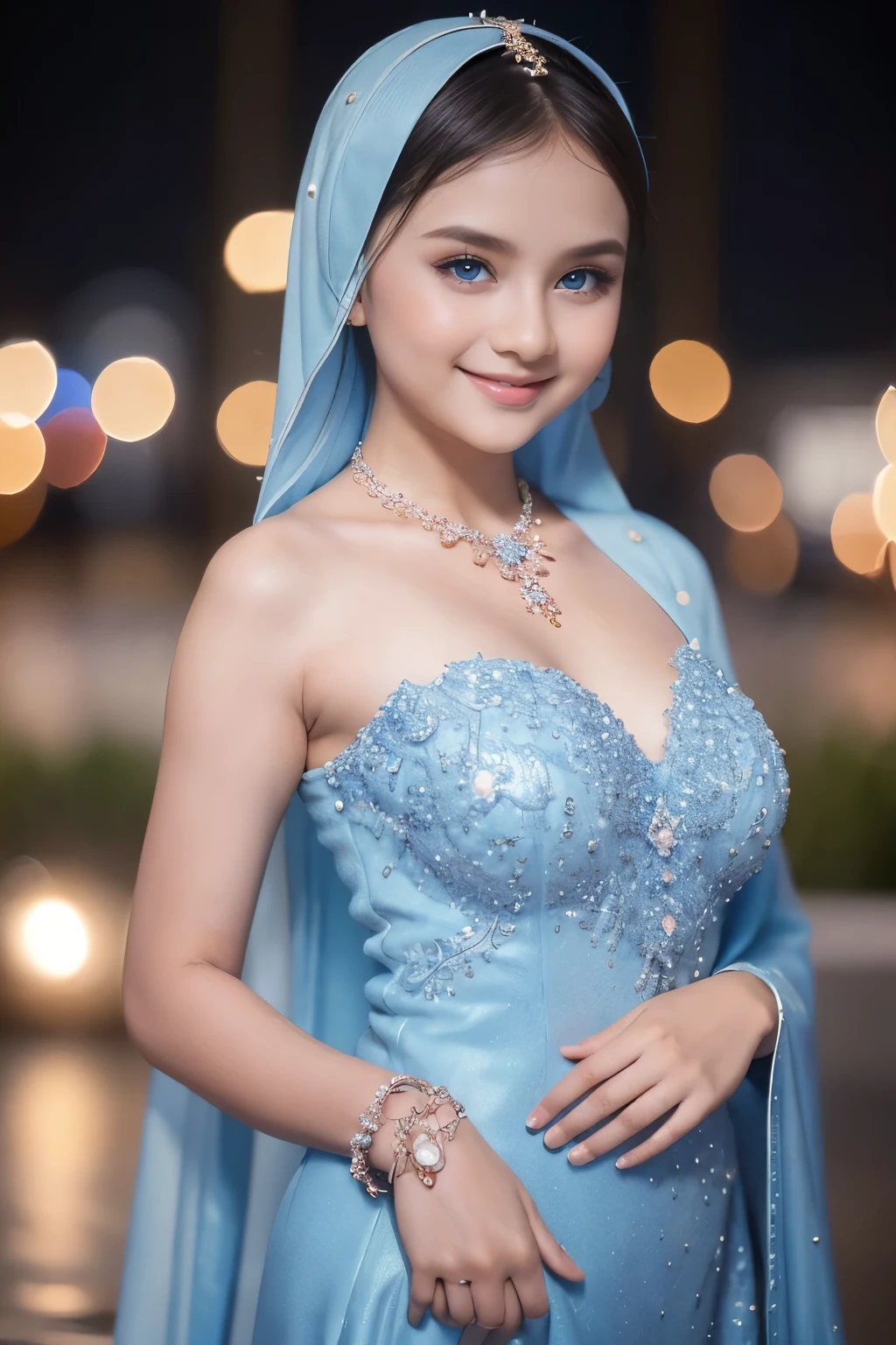 Beautiful, cute baby Face, ************ russian ****ta Girl, blue eyes, (wearing hijab) and sexy kebaya dress, Rounded small Breast,slightly Chubby , luxury necklace, White Skin, Smiling, Dark City Background, mid shot, upper body, Perfect Potrait, Bokeh Effect, Look at Viewer, Armpit, Perfect Eye, Perfect Hand, Perfect Finger, Bracelet, Ring, small breast, ((adorable:1.2)), ((masterpiece:1.1)), ((bokeh:1.2)),