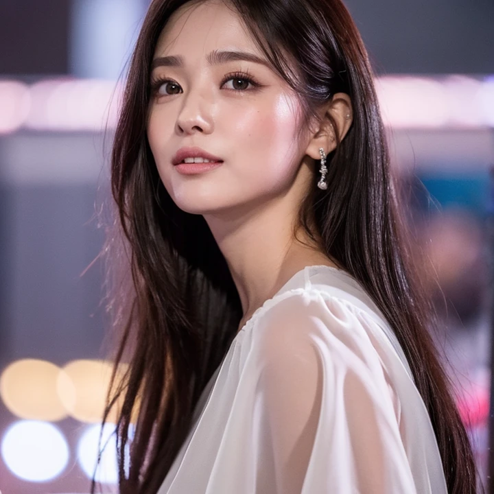 8k, masterpiece, original photo, best quality, realistic, 극도의 디테일 CG Unity 8k 배경화면, depth of field, Cinematic Light, lens flare, ray tracing, (very beautiful face, beautiful lips, beautiful eyes), A face with intricate details, ((ultra detail skin)) 1 woman, Dark Inn, deep shadows, pretty korean girl, kpop idol, 1 girl, (Very slim muscular body:1.3), ((look up at the viewer)),(Laugh out loud:1.3), (Hot pink blouse), (sleeveless city night, dark night, (neon sign), (blurred background), fashion street night),(There are no people in the background..:1.3), beautiful earrings, wristband, necklace, pantyhose, clear eyes, walking, (pale skin), (big eyes in front, ((Upper body shot)), ((Silk color dress:1.3)),(light brown hair),((Tight-fitting lace dresses)), (see through), (look up at the viewer:1.3) open chest, very slim, middle , see through, middle butts