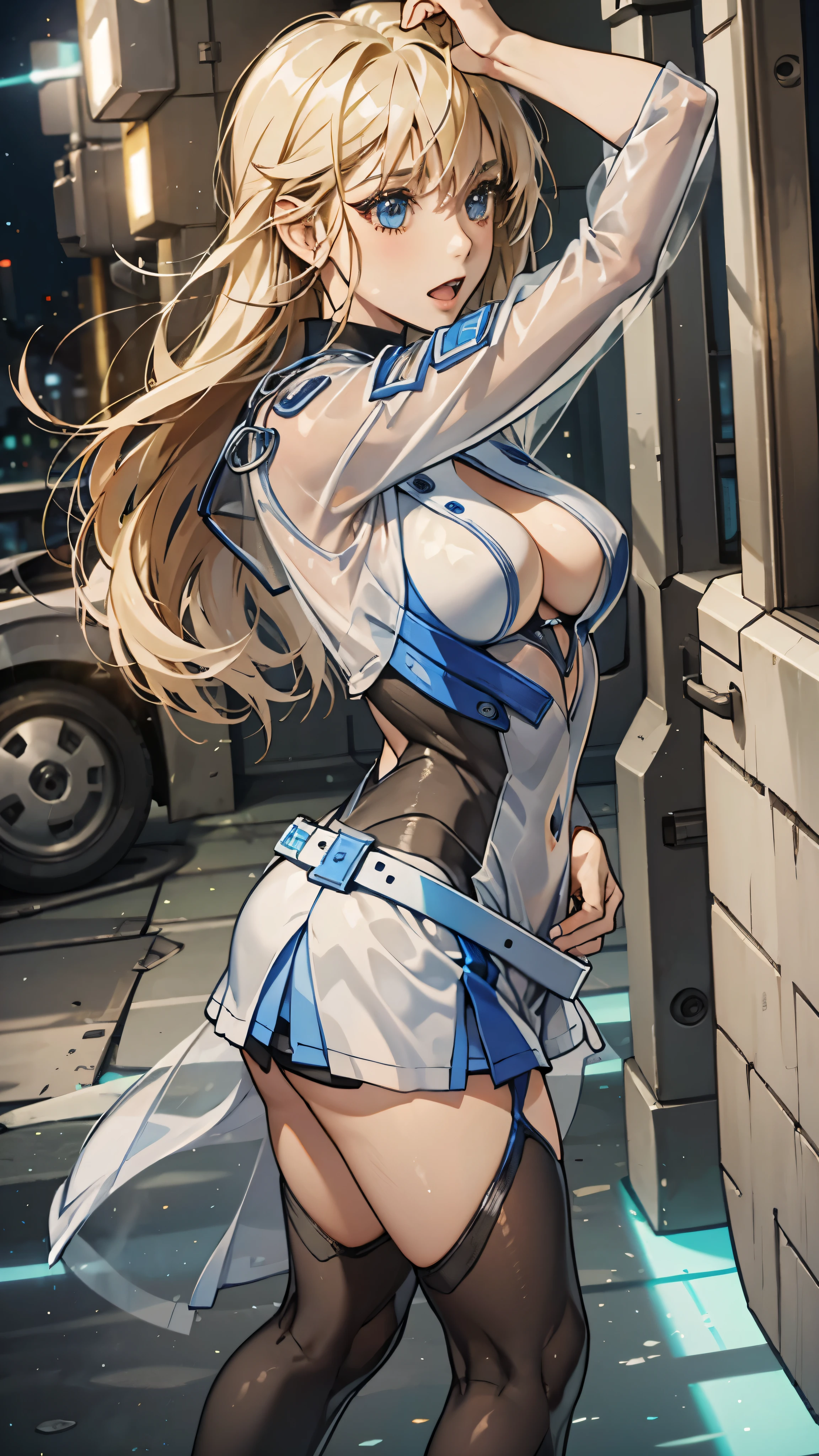 woman,20-year-old,,city,night,((white tight miniskirt bodysuit)),(Harada Makoto),open mouth smile,(((See-through))),((blonde)),long hair