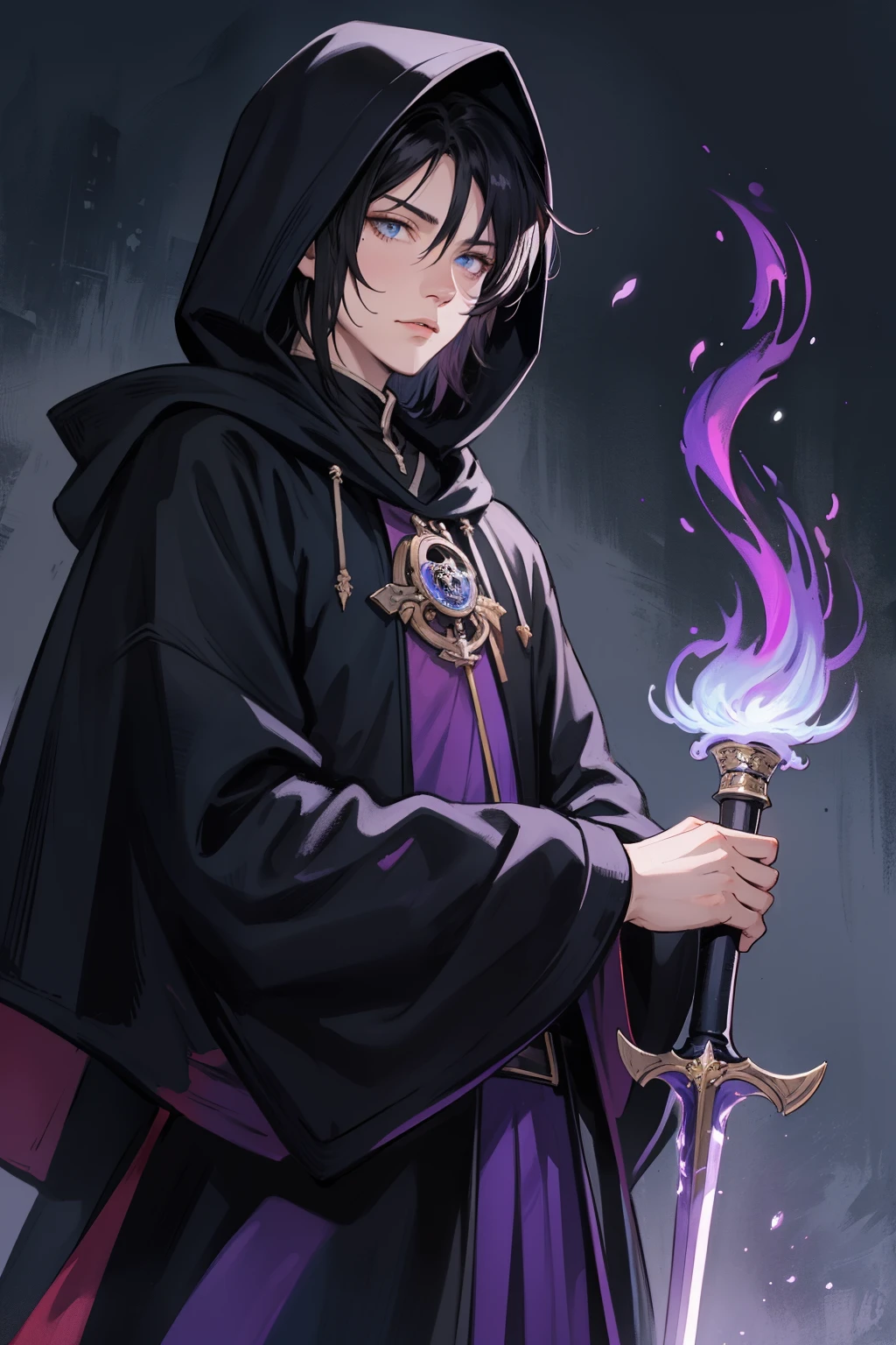 closeup of a dark scene, masterpiece, best quality, handsome male thief assassin rogue, short dark black hair, blue eyes, wearing mage cloak hooded, pointed ears, dark shadow magic with purple flames,  with rapier on his hand, 4k