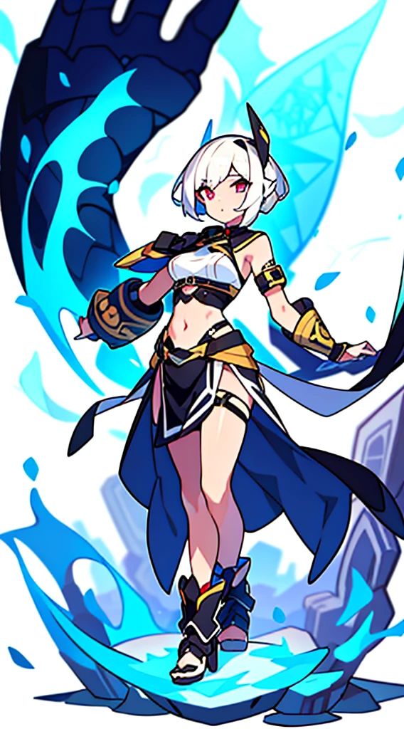 solo female, midriff, (((blurry background))), (((white background))), character focus, fantasy clothes, standing, armlet, character design,