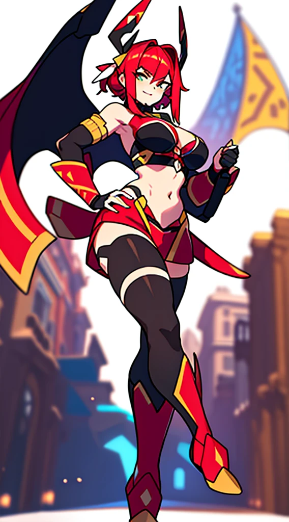 solo female, midriff, (((blurry background))), (((white background))), character focus, fantasy clothes, standing, armlet, character design,