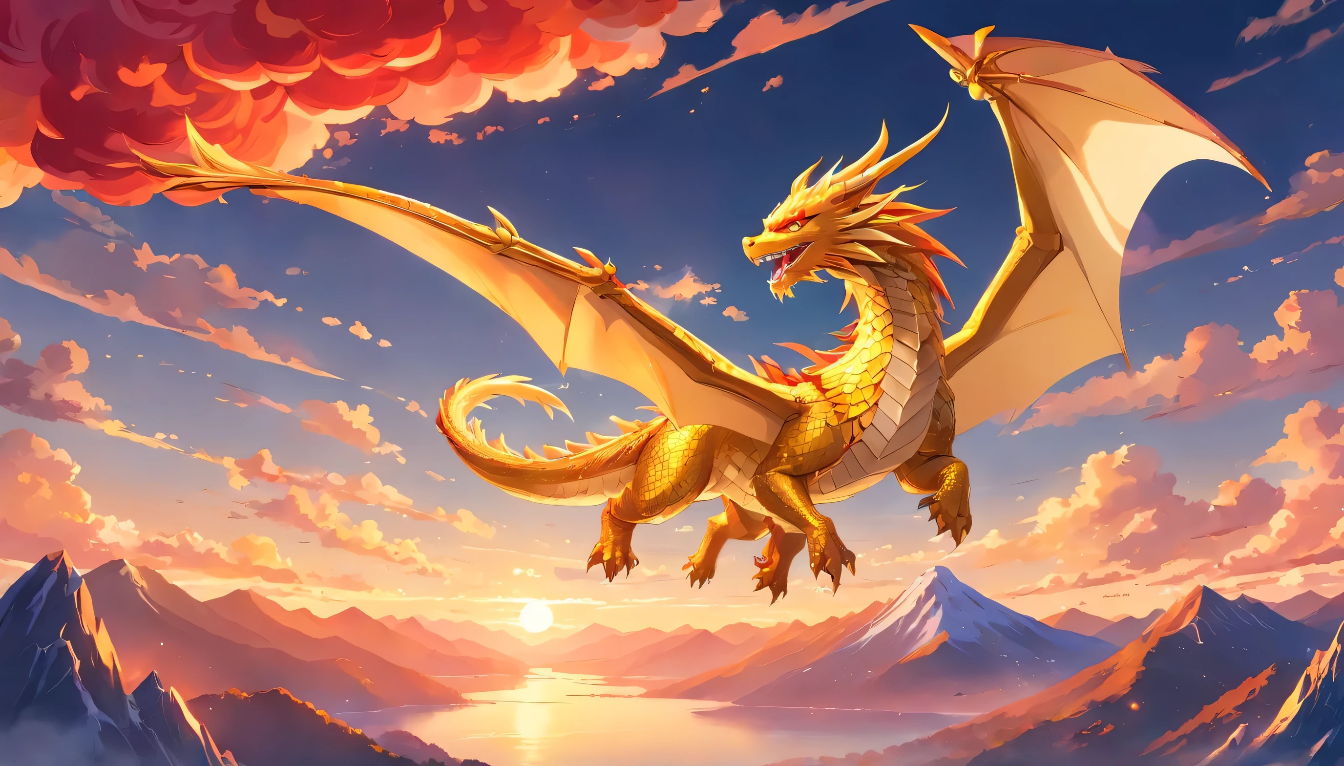cute single gold dragon in sky with mountain backdrop, cloud, wind, lunar new year, red lantern, colorful orange and grey hue sky, highest quality, Full HD, happy dragon, 3d, (paper art, Quilted Paper Art, Geometry), highly colorful, Anime beauty, aquarelle((masterpiece))), illustration