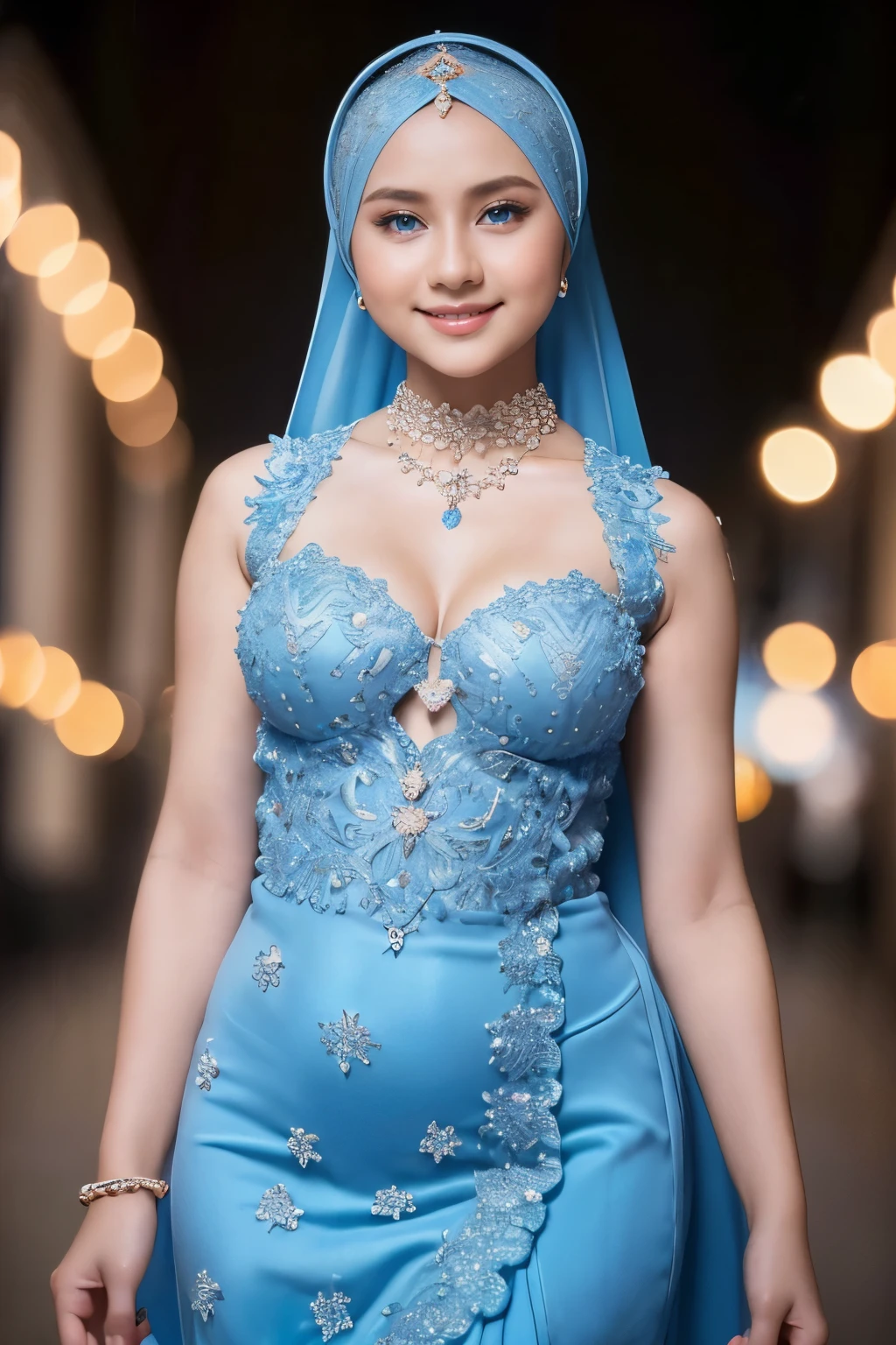 Beautiful, cute baby Face, ************ russian ****ta Girl, blue eyes, (wearing hijab) and sexy kebaya dress, Rounded small Breast, cleavage cutout, slightly Chubby , luxury necklace, White Skin, Smiling, Dark City Background, mid shot, upper body, Perfect Potrait, Bokeh Effect, Look at Viewer, Armpit, Perfect Eye, Perfect Hand, Perfect Finger, Bracelet, Ring, small breast, ((adorable:1.2)), ((masterpiece:1.1)), ((bokeh:1.2)),