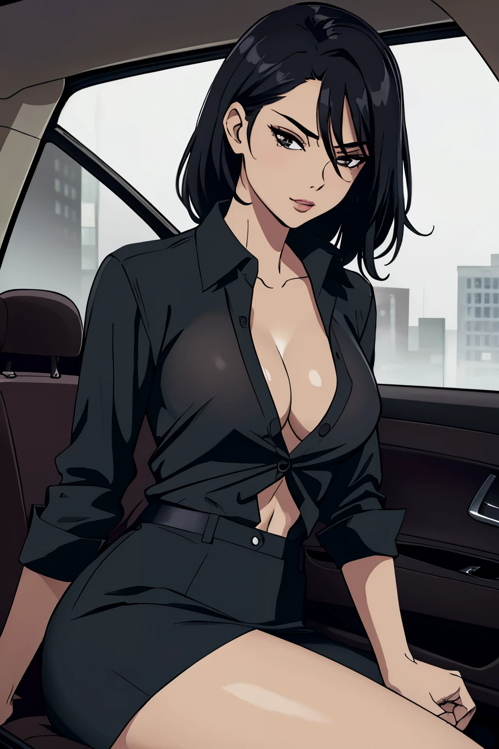 Sexy woman sitting inside a car, tinted windows, partially unbuttoned black shirt, seductive look, sultry pose, placing her leg on us, so sexy, raining outside, foggy windows