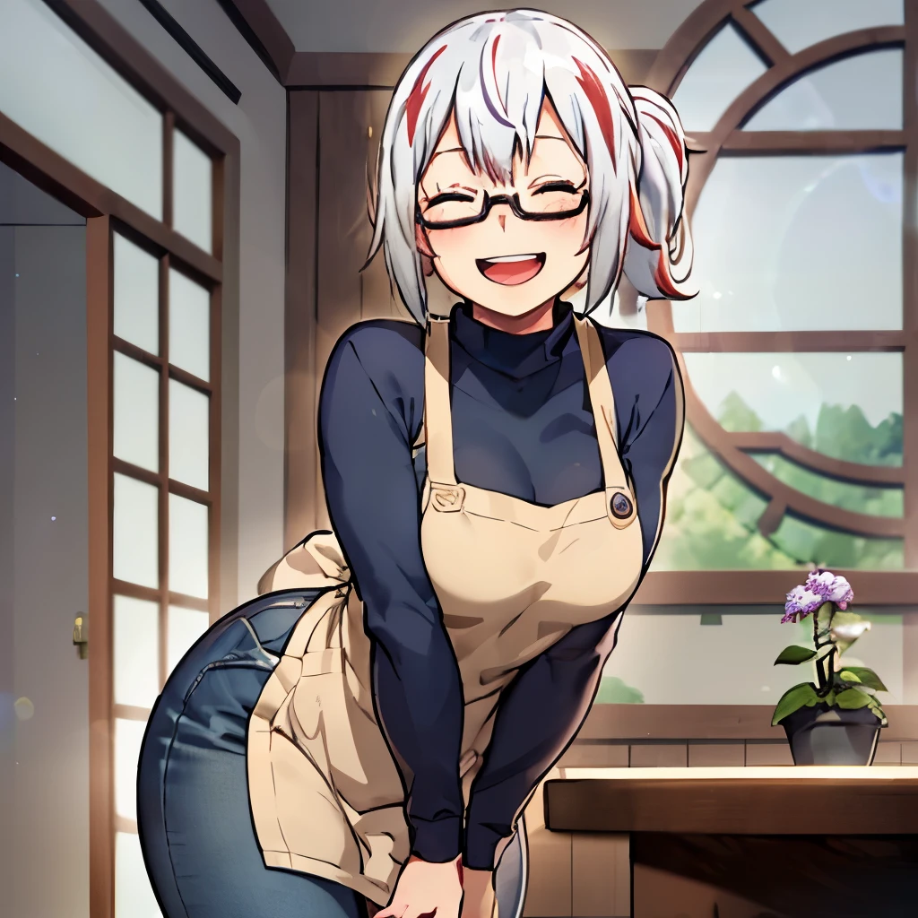 fuyumi todoroki, 1girl, solo, breasts, blush, smile, short hair, open mouth, bangs, long sleeves, medium breasts, standing, closed eyes, ponytail, white hair, :d, red hair, multicolored hair, glasses, teeth, pants, indoors, apron, two-tone hair, sweater, streaked hair, window, leaning forward, turtleneck, upper teeth only, arms behind back, blue shirt, denim, facing viewer, semi-rimless eyewear, lens flare  (POV:someone watching her ass),ass,ass,ass,ass,