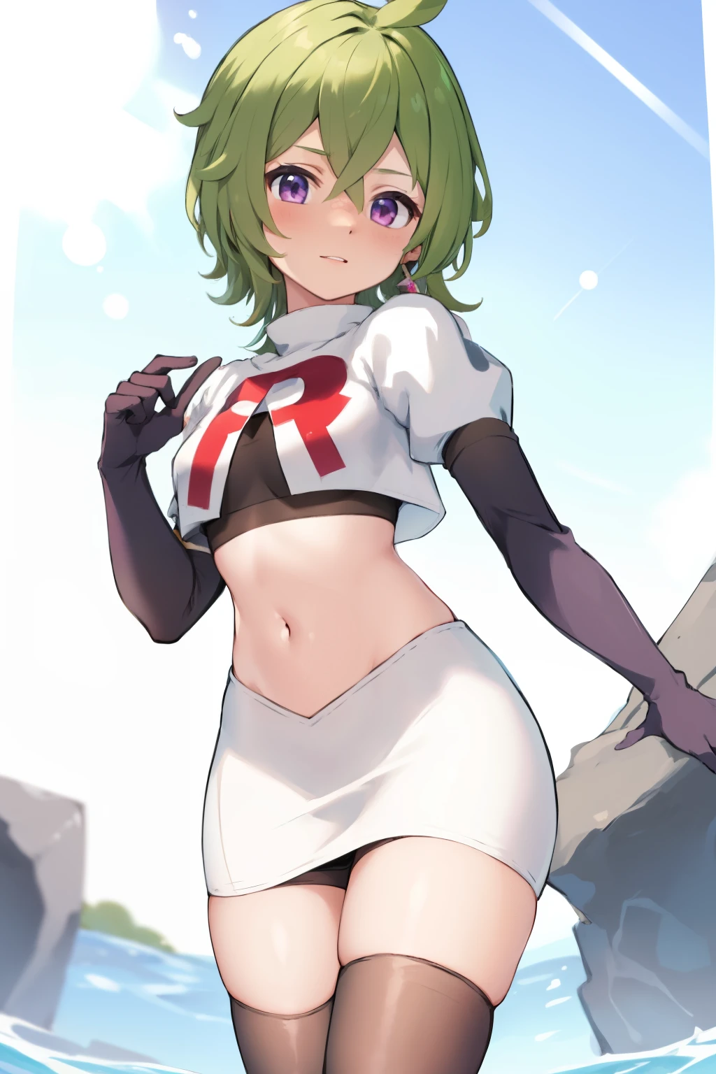 colleidef, blush, outdoors, short hair, team rocket,team rocket uniform,white skirt,crop top,black thigh-highs,black elbow gloves