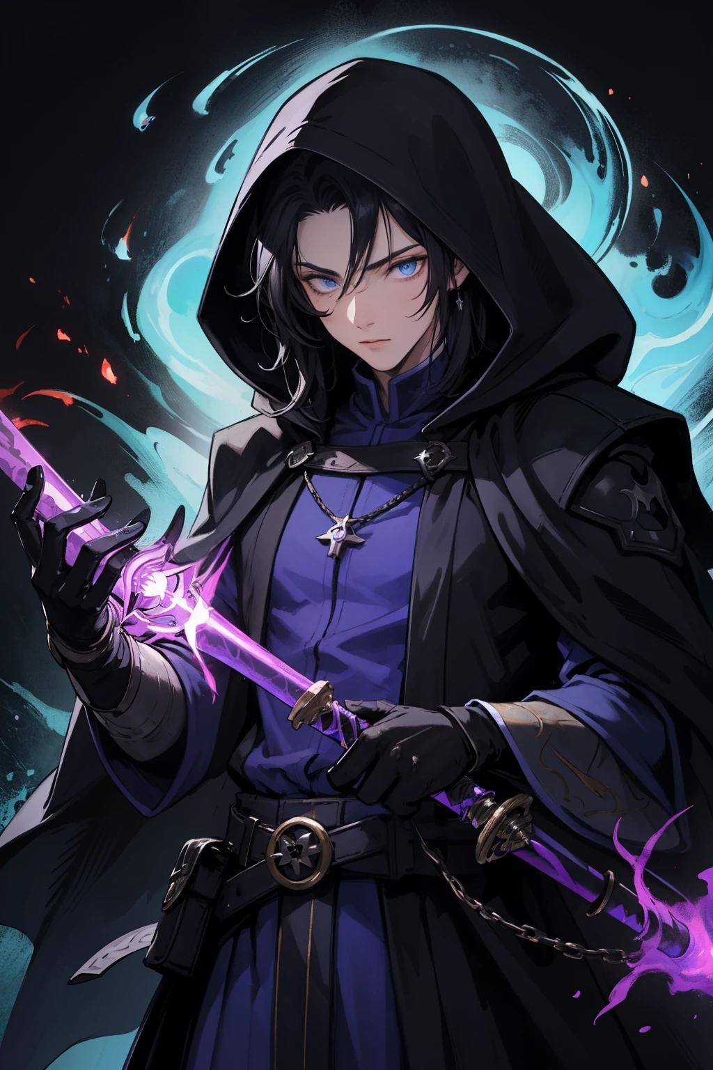 closeup of a dark scene, masterpiece, best quality, handsome male thief assassin rogue, short dark black hair, blue eyes, wearing mage cloak hooded, pointed ears, dark shadow magic with purple flames, with rapier on his hand, 4k