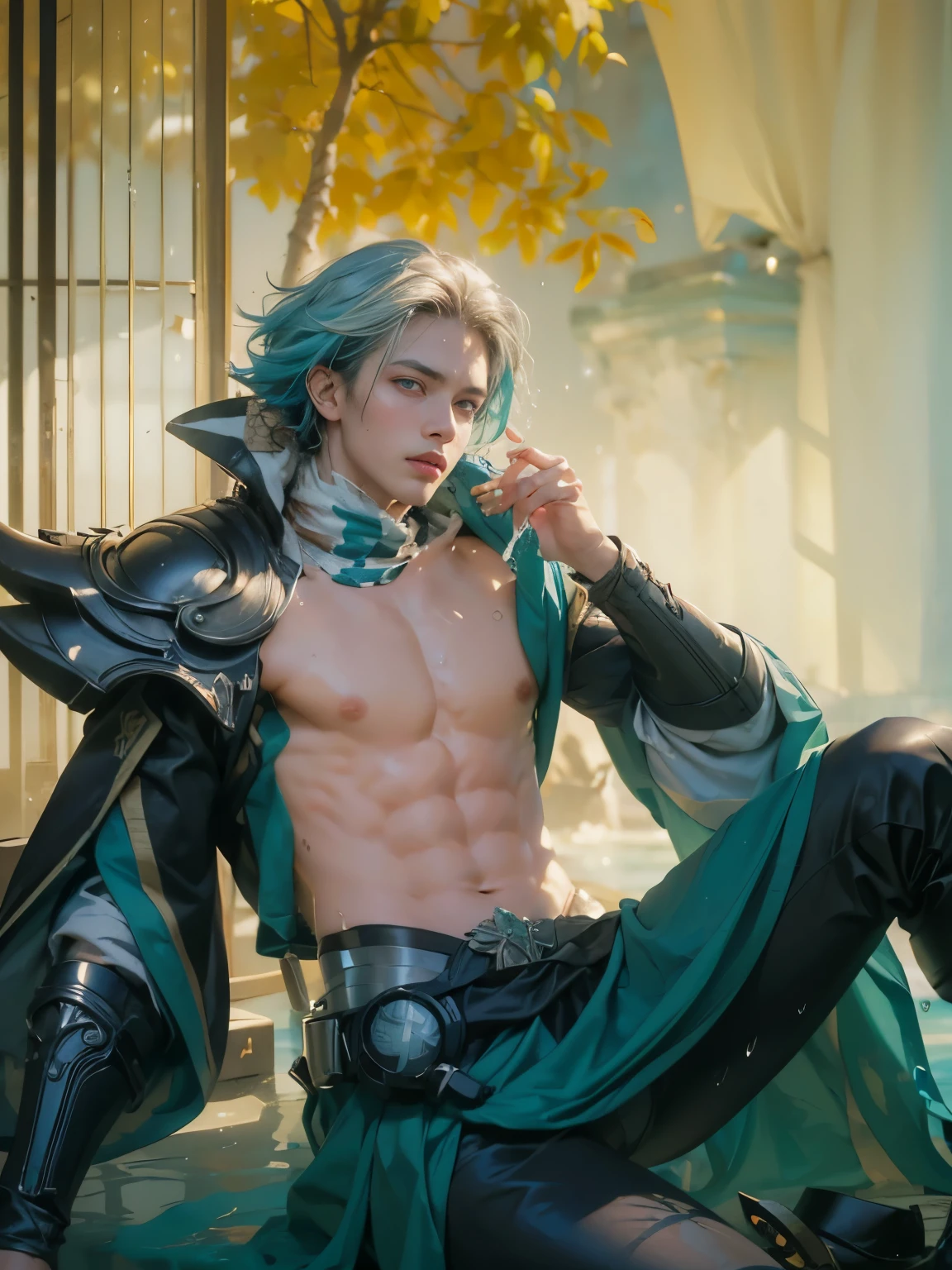 (max resolution: 1.2), (Ultra HDTV: 1.2), 8K resolution, Eye and skin details, face details, , (Sharp focus: 1, 2), (Precise focuacial expressions: 1,2), 1 boy, Various poses, Red face,I have green eyes, (shy), 20-25 years old, (Short Hair Milky blue hair), (Naked), Shirtless, Perfect muscles, 8 packs , (light sweat, white fluid, splashing all over the body), (Black brieflue sky, Trees, Implants, ((Little drops of water on 8-pack abs)), (((water, water ))), splashed all over my face, splashed all over my abs, splashed all over my body, my face turned red with embarrassment. ((There a faint word Ngyune in the corner of the photo)),Blue sky, white clouds, light sunshine, beach background, (with hair), showing off hair, Wearing underwear, straight (detail), ((super detail photo )))), leaking, Object standing straight and erect, white fluid splashing all over the body, body drenched in white, erect (large erect ), details, head details and shaft details,Handsome face,The under the military (black striped) erect,The leaking,( details), Perfectly handsome,masterpiece, perfect eyes