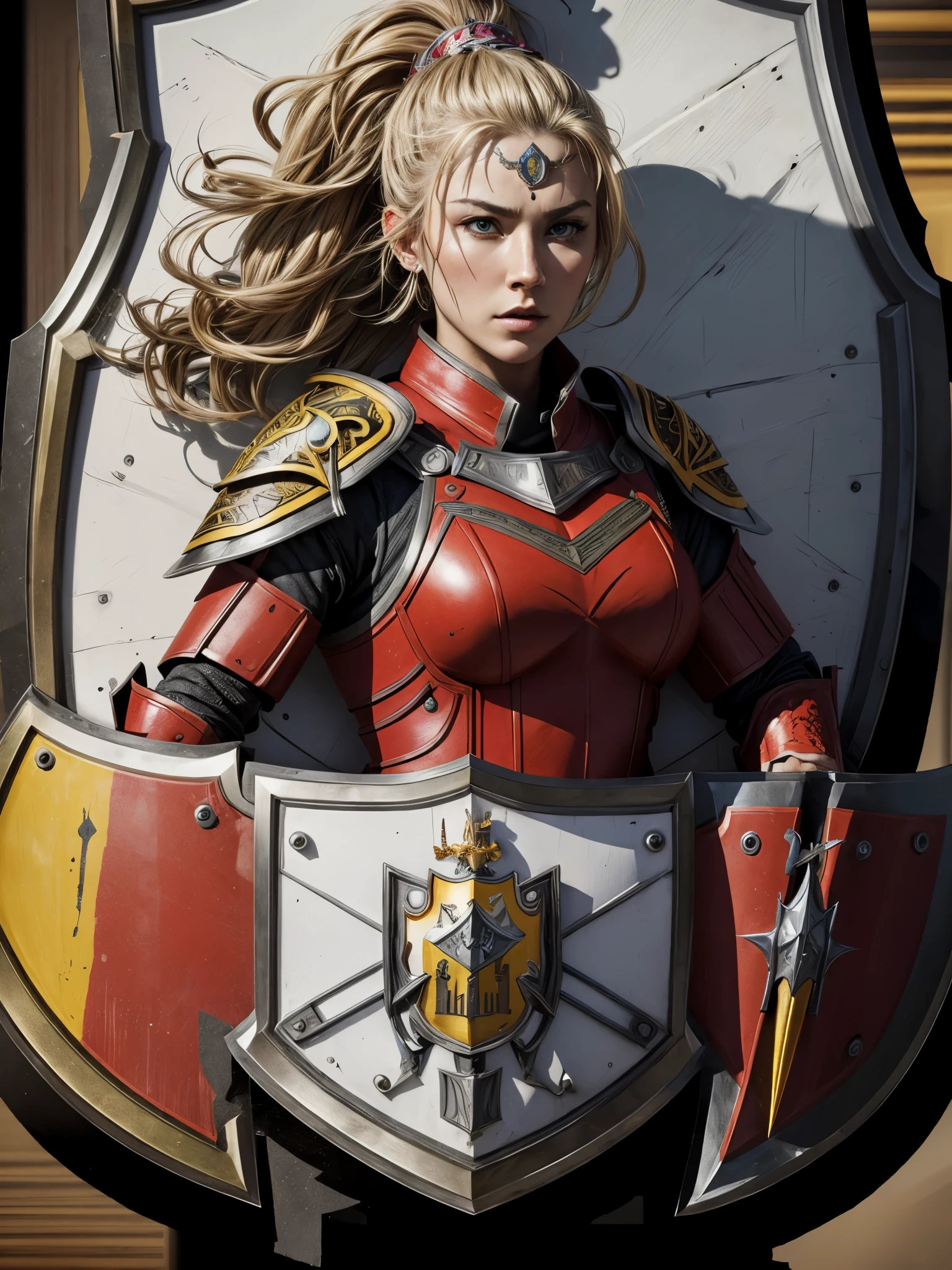 best quality,ultra-detailed,professional,portrait,(female warrior),(detailed armor),sharp focus,(intense expression),vivid colors,(((a gorgeously decorated shield))),physically-based rendering