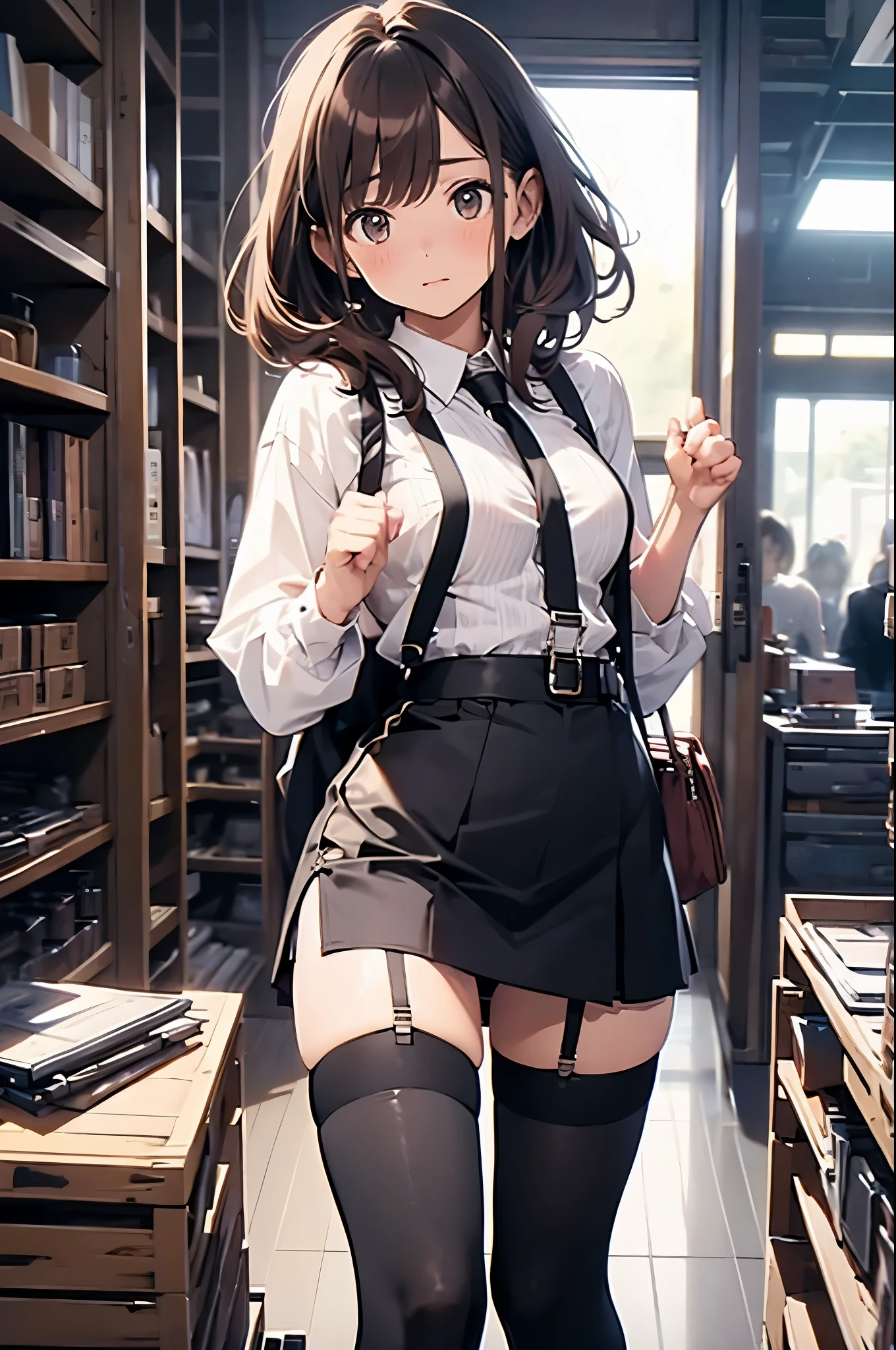 Brown hair、watching at viewers black suspenders bulging big tits walls: Black miniskirt garters Gaze a small face bangss holster Beautuful Women Hands up レッグholster ベッドに横たわる Gaze black boots panty shot Provocation flank flank汗 Soio arms are