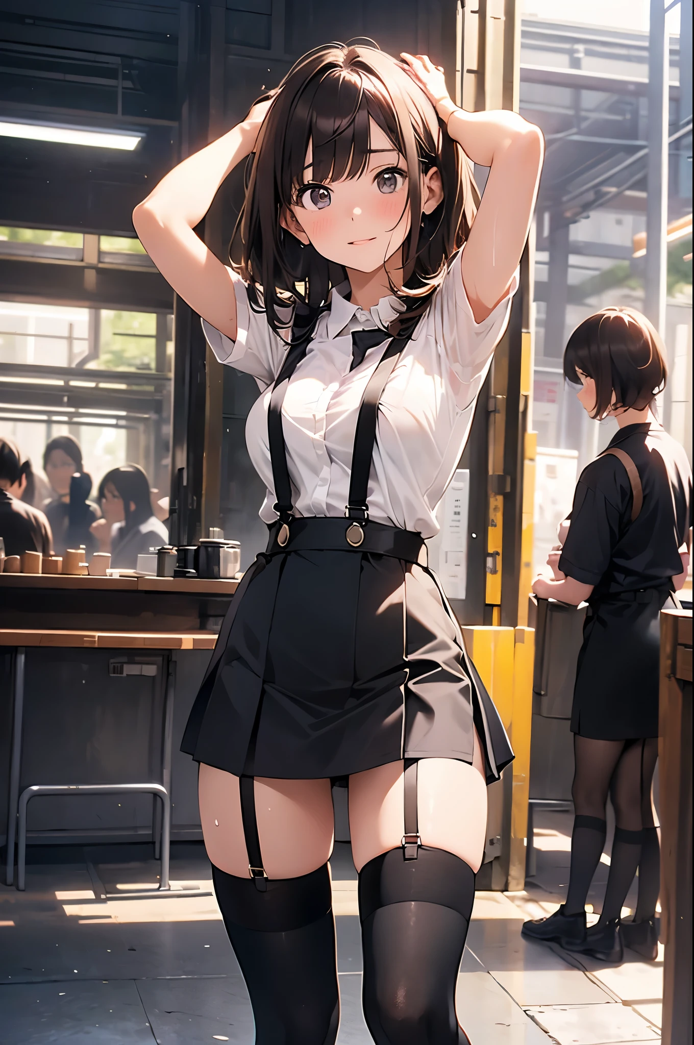 brown hair、looking at the viewer　　suspenders　　　Bulging big breasts　　 　 　　　　Black miniskirt　garter belt　knee high socks　　　　　　Gaze　　　small face　bangs 　　　　　Beauty　　hands up　　 　Gaze 　black boots 　provocation　　armpit sweat　one person 　　put your hands behind your back　cutter shirt　　Panty shot