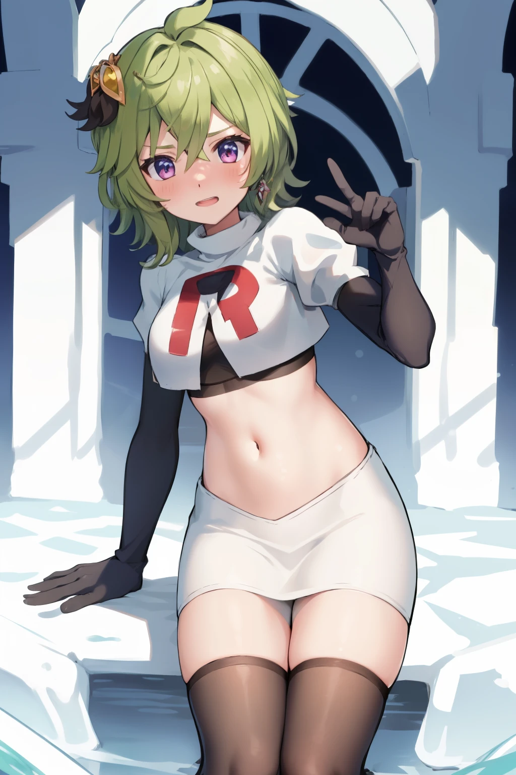 colleidef, blush, outdoors, short hair, team rocket,team rocket uniform,white skirt,crop top,black thigh-highs,black elbow gloves