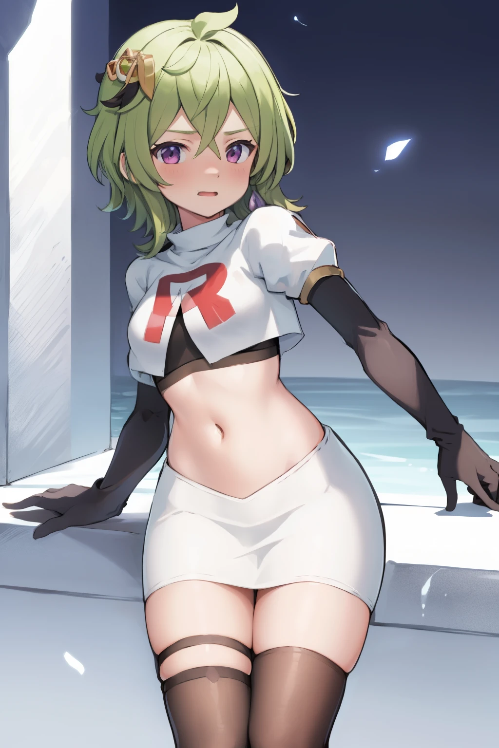colleidef, blush, outdoors, short hair, team rocket,team rocket uniform,white skirt,crop top,black thigh-highs,black elbow gloves