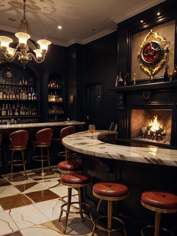 demon wings, fire and flames, Colorful and fascinating design using symbols related to hell, such as the devil&#39;s city. This place creates a fantastic atmosphere., It is expected to be covered in luxurious marble, cocktails will be served in fine wine glasses, and it will have an upscale atmosphere, expensive alcohol, and inaccessible prices., The lighting is an expensive chandelier, Presents an image of a very spacious and colorful bar. Cocktail bar image of a cocktail bar with small fires like bonfires lined up on the main bar so you can burn off. Although it is cold, the store has a warm atmosphere thanks to the fire, and the overall colors of the store are white and navy blue.