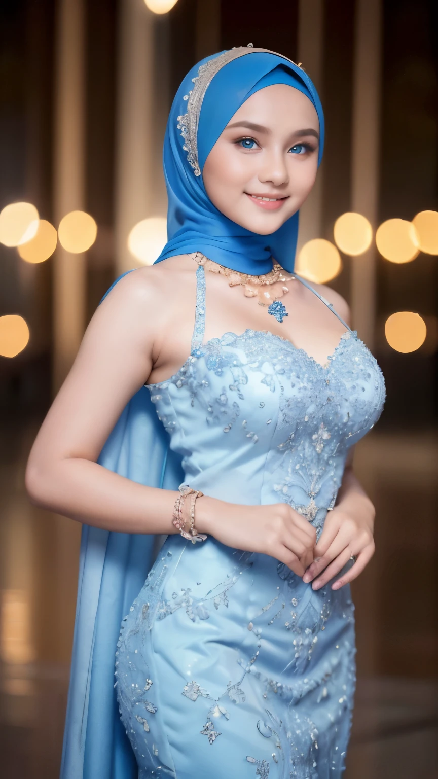 Beautiful, cute baby Face, ************ russian ****ta Girl, blue eyes, (wearing hijab) and sexy kebaya dress, Rounded small Breast,slightly Chubby , luxury necklace, White Skin, Smiling, Dark City Background, mid shot, upper body, Perfect Potrait, Bokeh Effect, Look at Viewer, Armpit, Perfect Eye, Perfect Hand, Perfect Finger, Bracelet, Ring, small breast, ((adorable:1.2)), ((masterpiece:1.1)), ((bokeh:1.2)),