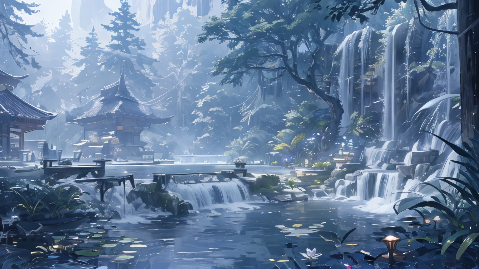 arquitetura chinesa antiga, lua, Meia-noite, Jardim, bambu, lago, ponte de pedra, Rochas, arco, canto, tree, Flowing Water, Landscape, ao ar livre, waterfall, grama, Rocha, Water Lily, Termas, water vapour, (illustration: 1.0), Epic composition, realistic lighting, Detalhes do HD, master part, best quality, (Muito detalhado CG Unity 8k) --v 6