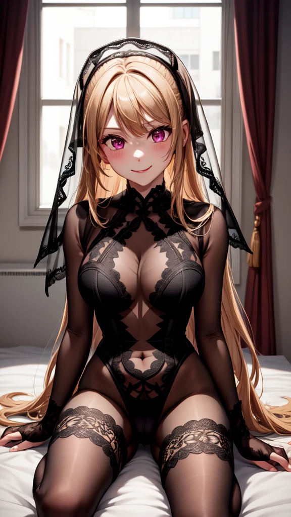 anime, beautiful face, highly detailed face, (2 accurate legs:1), pink detailed eyes, highly detailed background, perfect lighting, accurate arms, accurate hands, accurate fingers, full body, 1girl, solo, ruby hoshino, oshi no ko, indoors, detailed heels, beautiful blonde hair, detailed thighhighs, absurdres, high res, ultrasharp, 8K, masterpiece, looking at viewer, teasing smile, BREAK (detailed black sexy body stocking:1.3), (intricate all lace:1.6), (transparency:1.8), elegant pose 