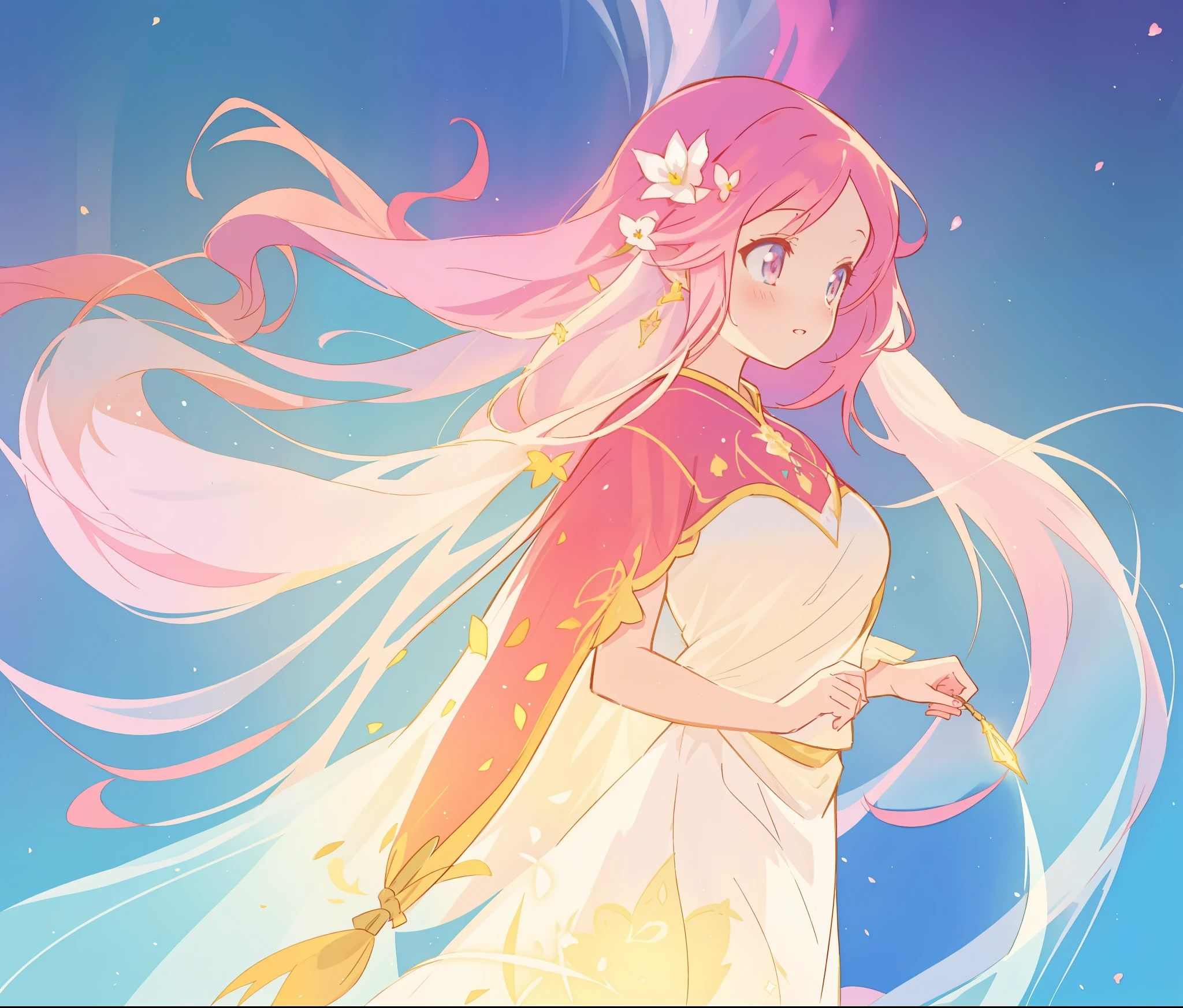 beautiful girl in white arabian style dress, long colorful pink hair, watercolor illustration, inspired by Glen Keane, inspired by Lois van Baarle, disney art style, by Lois van Baarle, glowing aura around her, by Glen Keane, jen bartel, glowing lights! digital painting, flowing glowing hair, glowing flowing hair, beautiful digital illustration, fantasia otherworldly landscape plants flowers, beautiful, masterpiece, best quality, anime disney style